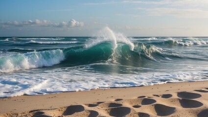 Poster - Dynamic Ocean Waves Crashing on Sandy Beach Creating Serene Coastal Atmosphere With Space for Creative Text Overlay