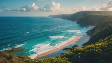 Poster - Breathtaking Ocean Coastline Scenery Ideal for Summer Vacations and Travel Destinations with Lush Greenery and Serene Waters