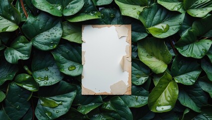 Poster - Vintage paper card mockup on wet green leaves for creative design and branding applications. Ideal for nature-themed projects.