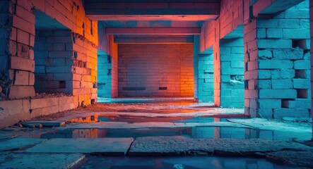 Poster - Abandoned urban interior with illuminated concrete walls and water reflections creating a moody atmosphere in a derelict space