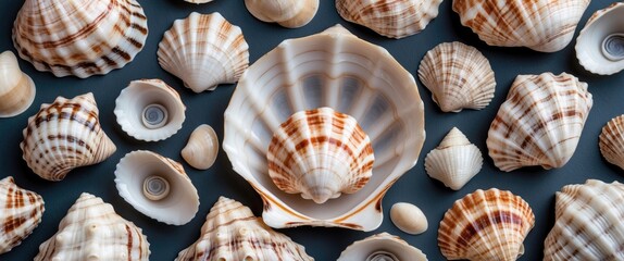 Poster - Assorted seashells arranged on a dark surface creating a textured background with empty space for creative text or design elements.