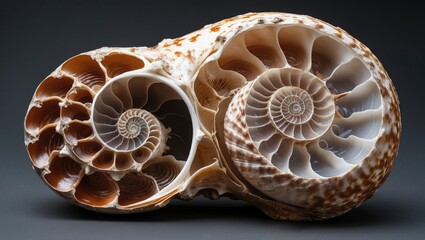 Poster - Intricate nautilus shell display showcasing detailed patterns and natural forms on a dark background ideal for artistic design or educational use.