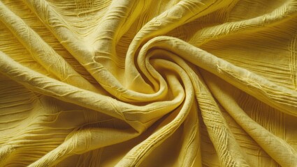 Poster - Yellow linen fabric texture close-up showing soft, wrinkled surface ideal for backgrounds, textiles, and design projects showcasing elegance.