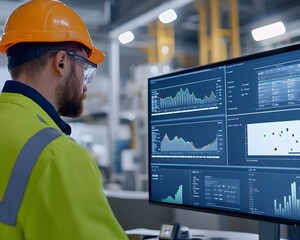 Poster - A focused industrial worker analyzes data on a large screen in a modern factory. Charts and graphs illustrate performance metrics vital for decision-making and efficiency.