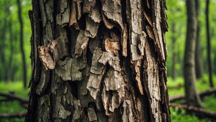 Poster - Textured close-up of an old tree bark in a lush green forest showcasing natural patterns and contrasts of wood and foliage.