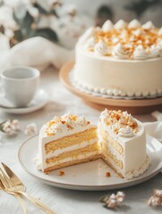 Poster - Delicious layered vanilla cake displayed on a plate with elegant decorations and fresh flowers in a cozy setting. Generative AI