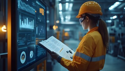 Poster - A focused worker in a safety helmet reviews reports and data on a digital display in a modern industrial environment, showcasing technology in manufacturing and productivity.