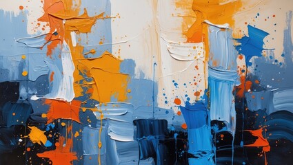 Poster - Vibrant abstract acrylic painting with bold orange and blue hues showcasing expressive brush strokes and contemporary art style.