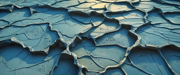 Poster - Textured cement surface with dry, wrinkled patterns showcasing intricate details and varying shades of blue and gray in natural lighting.
