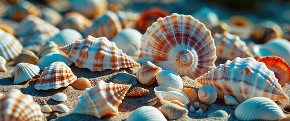 Poster - Seashells scattered on sandy beach with natural sunlight highlighting their textures and colors in a serene coastal setting.