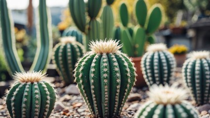 Poster - Vibrant Cactus Garden Close Up with Lush Green Background and Space for Text or Design Integration in Botanical Arts and Nature Themes