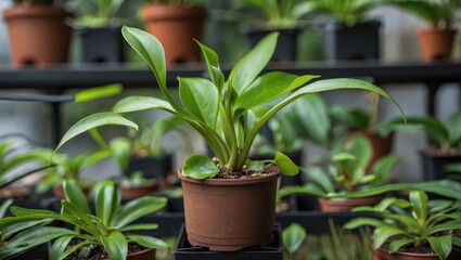 Poster - Nepenthes Plant in a Pot Surrounded by Greenery with Focus on Leaves and Space for Text Overlay
