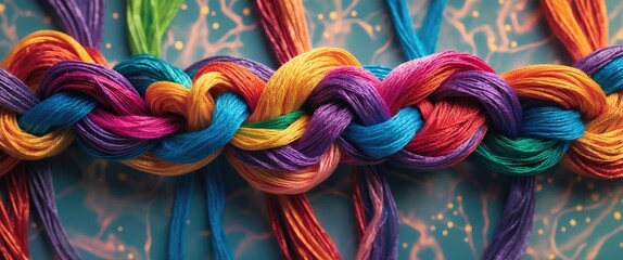 Poster - Multicolored threads intricately woven together showcasing vibrant hues against a textured background for artistic display and creative inspiration.