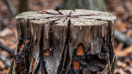 Poster - Cracked and decaying tree stump showcasing the effects of time and nature in a forest setting.