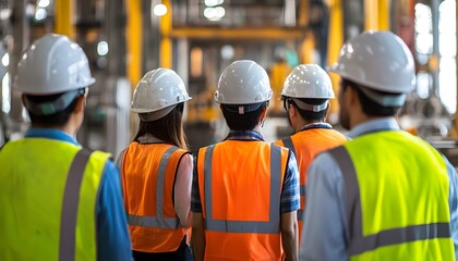 Poster - A group of engineers and workers in safety helmets and vests observe industrial machinery in a factory. The scene highlights teamwork and safety in a working environment.
