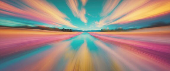 Poster - Vibrant motion blur landscape with colorful reflections and a serene river creating a dreamy background scene for creative projects