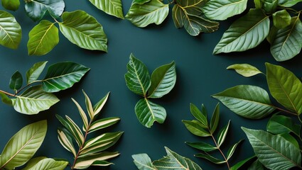 Poster - Assorted Green Leaves on a Dark Background Creating a Fresh and Vibrant Nature Aesthetic Ideal for Organic and Eco-Friendly Themes