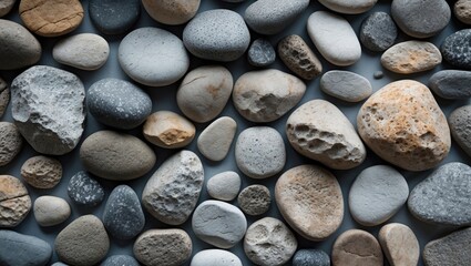 Poster - Smooth natural pebbles texture background for design and decoration purposes in earthy tones and various shapes.