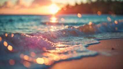 Poster - tropical sunset beach with blurred waves and sun bokeh abstract background for summer vacation and t