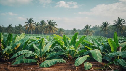 Wall Mural - Vibrant Banana Leaf Landscape with Lush Green Foliage and Empty Sky for Text Overlay in Tropical Agricultural Setting