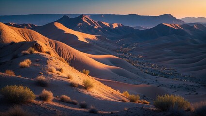 Sticker - Desert hills illuminated by sunset creating vibrant light and shadow patterns across the sandy landscape showcasing nature's beauty.