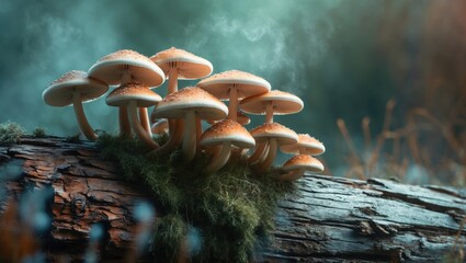 Poster - Mushrooms growing on a decayed log surrounded by moss in a serene forest setting with soft mist in the background.