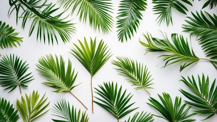 Poster - Assorted Green Palm Leaves on Clean White Surface with Space for Text or Design Elements in a Minimalist Style