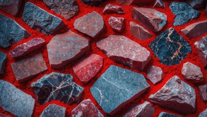 Poster - Close-up view of natural stone texture featuring red granite and contrasting dark stones highlighting intricate patterns and colors.