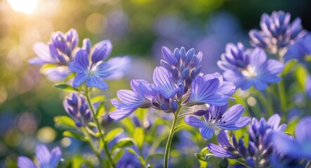 Poster - Closeup of blooming purple flowers in soft focus against a warm sunlight background highlighting the beauty of nature in a garden setting.