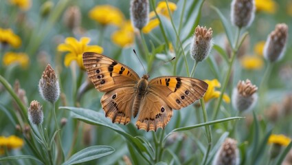 Wall Mural - Meadow Brown Butterfly Beautifully Displaying Its Colors Among Vibrant Wildflowers In A Lush Green Landscape During Springtime.