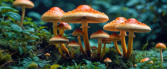 Poster - Vibrant cluster of Hare's foot inkcap mushrooms thriving in a lush forest setting showcasing their striking orange caps and natural habitat.