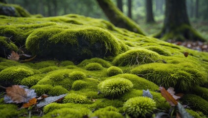 Poster - Lush green moss carpet covering rocky surfaces in a tranquil forest setting with gentle lighting and fallen leaves.