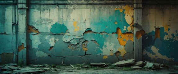 Poster - Textured vintage concrete wall with peeling paint and debris, ideal for background in design projects.