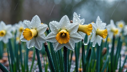 Poster - Daffodils Glistening with Raindrops in Selective Focus Surrounded by Green Stems with Copy Space for Text in Nature Setting