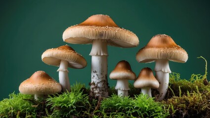 Poster - Mushrooms Growing Among Lush Green Moss with Soft Focus Background in Natural Environment Series