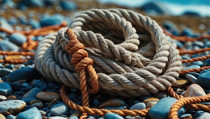 Poster - Marine rope coiled on a pebble beach highlighting natural textures and colors of outdoor coastal environments.