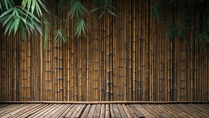 Poster - Bamboo wall texture with vibrant green leaves creating a natural and serene background for design and decoration projects.