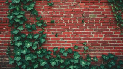 Poster - Grunge red brick wall adorned with vibrant green ivy creating a natural backdrop with ample copy space for design and advertising purposes