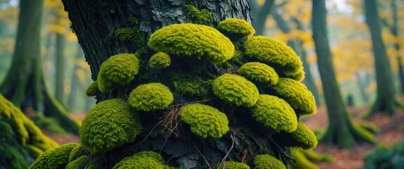 Poster - Lush green moss growing on the trunk of a tree in a serene forest setting with autumn foliage in the background.