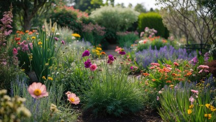 Poster - Vibrant Floral Pathway in a Lush Garden Showcasing Diverse Blooms and Greenery Under Soft Natural Light