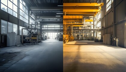 Poster - A split-view photograph of an industrial warehouse, showcasing stark contrasts in lighting and atmosphere
