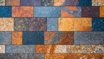 Poster - Colorful natural granite stone wall texture with marbled surface highlighting varied hues of blue, orange, and gray for design backgrounds.