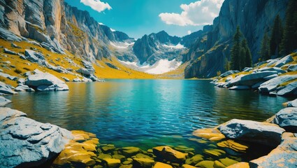 Poster - Scenic Mountain Lake Reflection Surrounded By Rocky Shoreline Under Clear Blue Sky With Space For Text Or Overlay Design