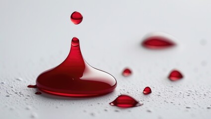 Poster - Macro shot of droplets of red liquid on a white background highlighting texture and contrast creating a striking visual impact.
