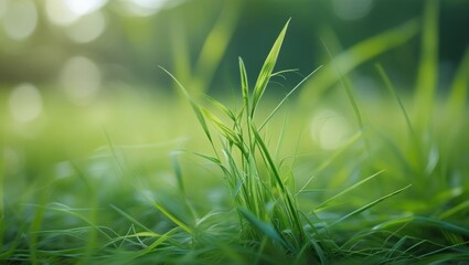 Poster - Lush green grass with a soft blurred background creating a tranquil and serene nature backdrop for designs and presentations.