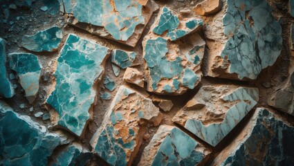 Poster - Textured broken marble stone surface with a mix of green and beige hues showcasing natural patterns and imperfections.