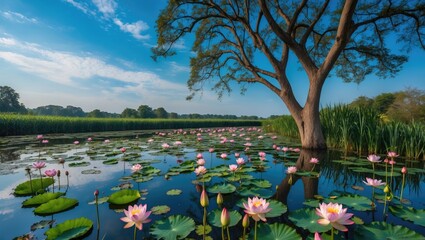 Sticker - Serene Lotus Pond with Pink Blooms Under Blue Sky Near Majestic Tree in Tranquil Landscape Waterscape Setting