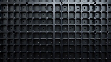 Poster - Industrial black metal grid background with holes for texture and design elements in various applications.