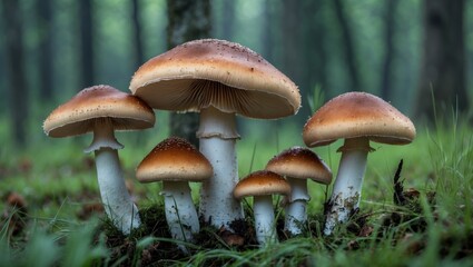 Poster - Mushrooms Growing in Lush Green Forest Under Trees with Blank Space for Text Overlay