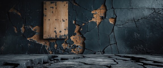 Poster - Grunge concrete wall texture with cracks and a wooden board against a dark background creating an industrial and weathered ambiance.